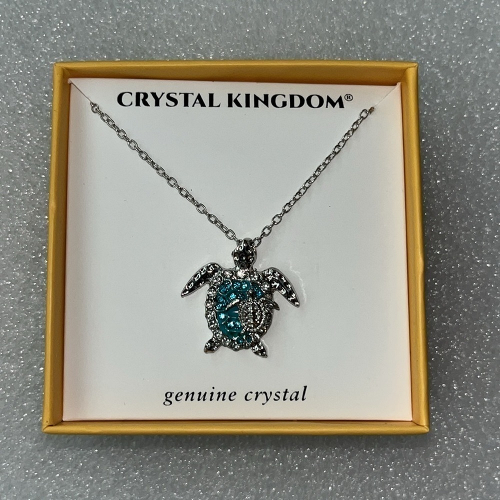 🆕 Crystal Turtle Pendant Silver Plated Blue Crystals 18” + 2” Extender